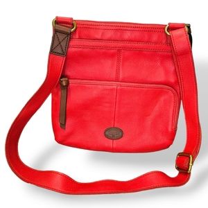 FOSSIL Morgan Traveler Coral Red Pebbled Leather Crossbody Purse